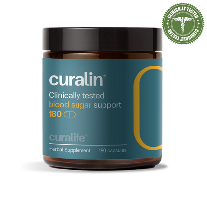 A bottle of Curalin Blood Sugar Support capsules